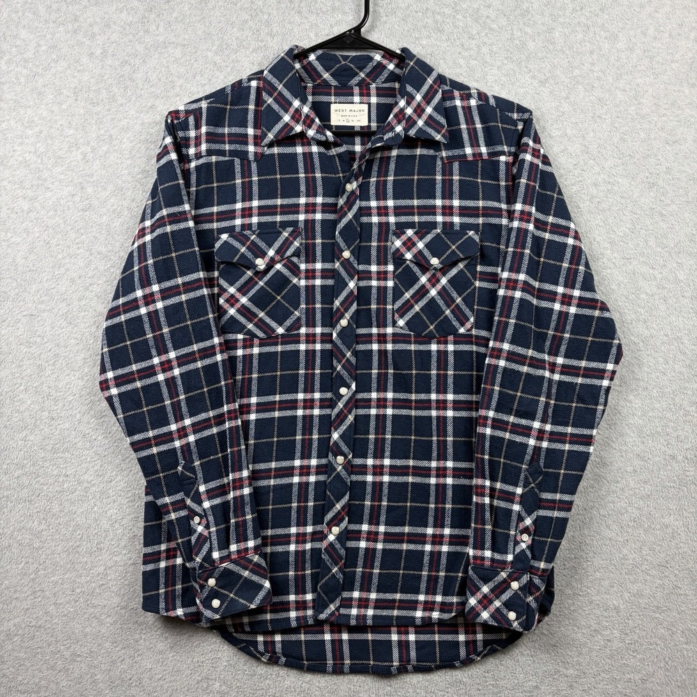West Major Shirt Mens Large Blue Plaid Pearl Snap Flannel Western USA Made